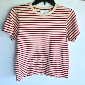 LA LIGNE Red & Cream Striped Tee, Size M 100% Cotton Cropped